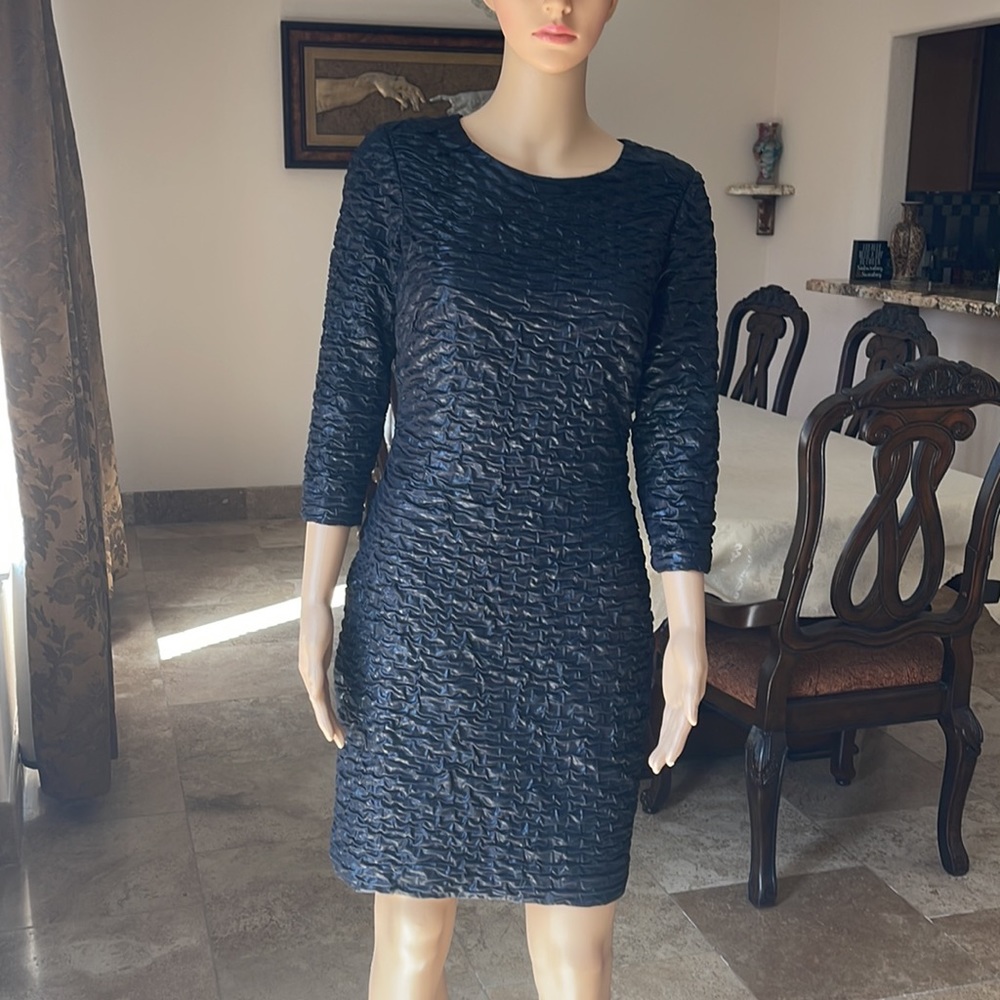 Black shimmered mini dress from ruched polyester fabric. Very sleek design.